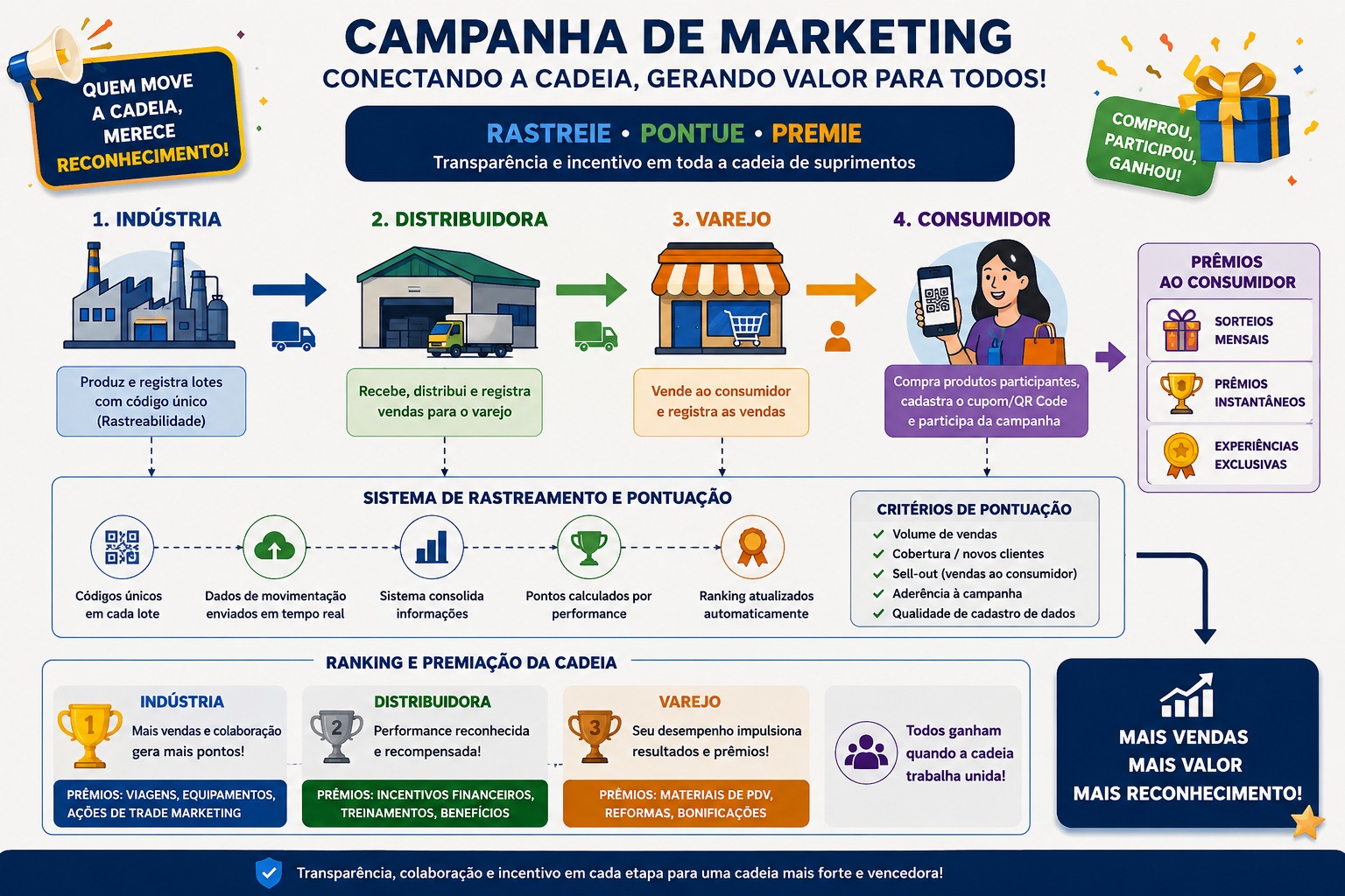 Infográfico de campanha de marketing promocional: indústria, distribuidora, varejo e consumidor conectados por rastreamento, pontuação e premiação em toda a cadeia de suprimentos